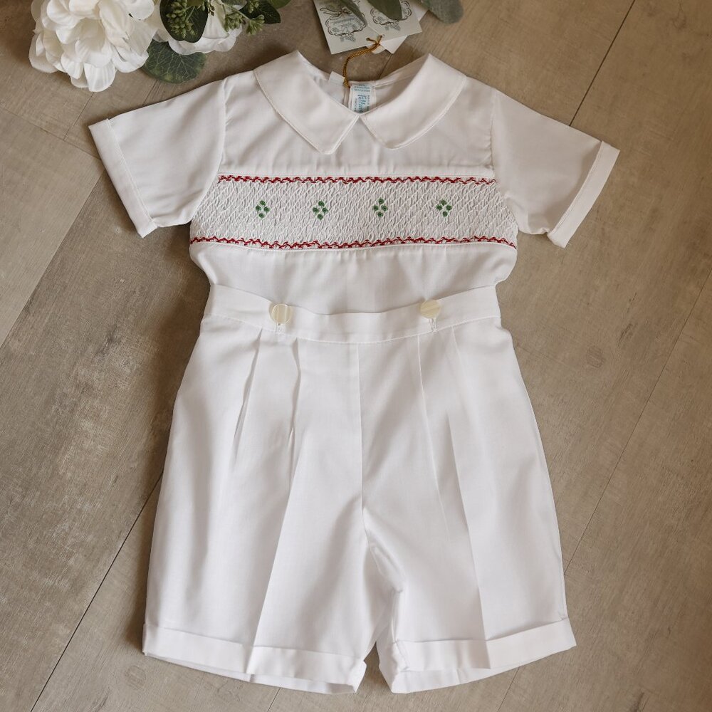 White Smocked Heirloom Bobby Suit Red Green Embroidery Feltman Brothers NWT